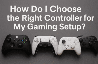 Four gaming controllers—Xbox, PlayStation 5, 8BitDo Ultimate, and Nintendo Switch Pro—neatly lined up under the article title "How Do I Choose the Right Controller for My Gaming Setup?" on a gray background.
