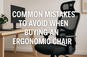 A modern ergonomic office chair with a mesh back sits near a desk in a minimalist home office. Bold white text reads “Common Mistakes to Avoid When Buying an Ergonomic Chair.”