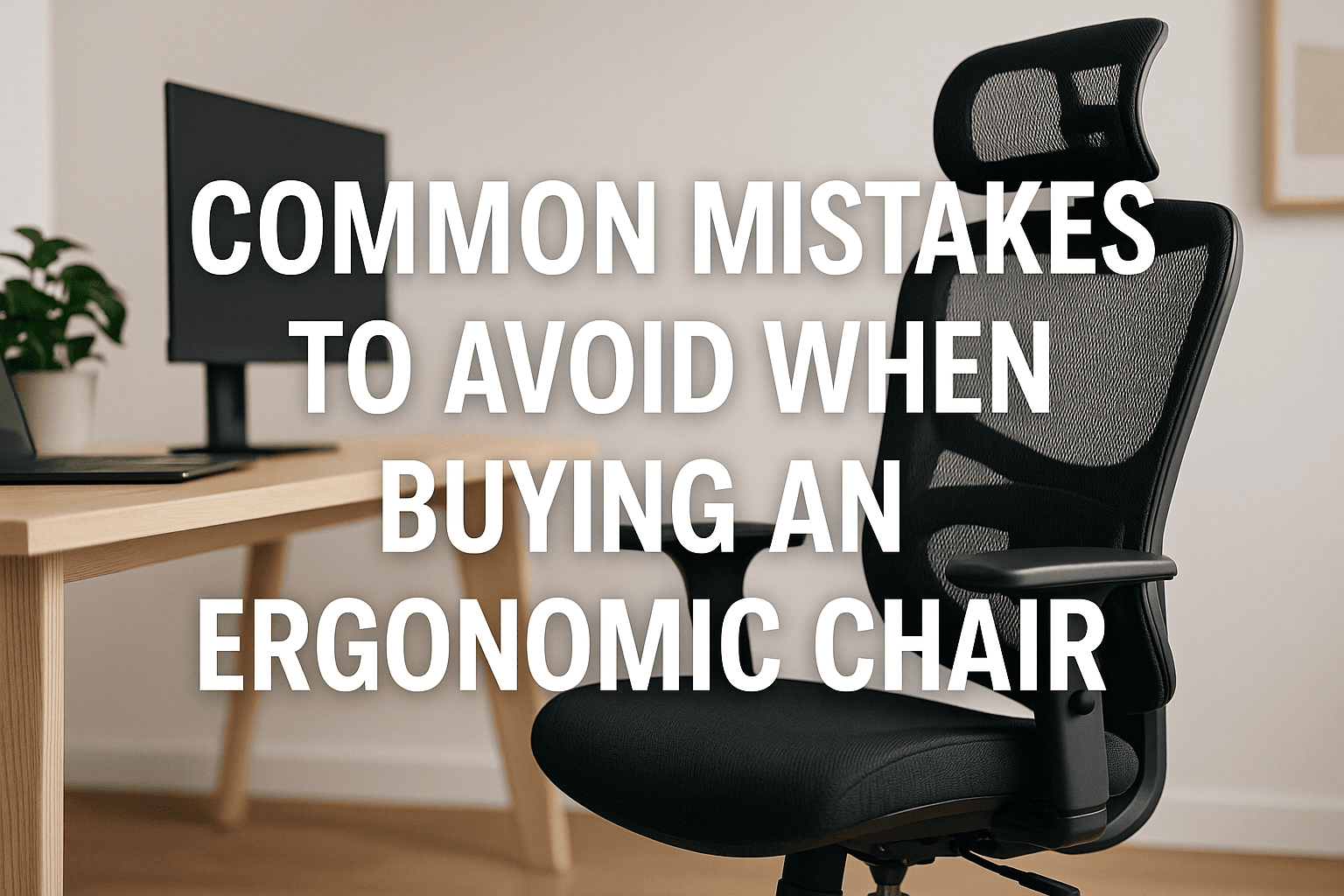 A modern ergonomic office chair with a mesh back sits near a desk in a minimalist home office. Bold white text reads “Common Mistakes to Avoid When Buying an Ergonomic Chair.”