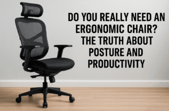 A modern ergonomic chair with mesh back and adjustable armrests sits in a bright, minimal home office beside a desk, with the article title overlaid in bold white text