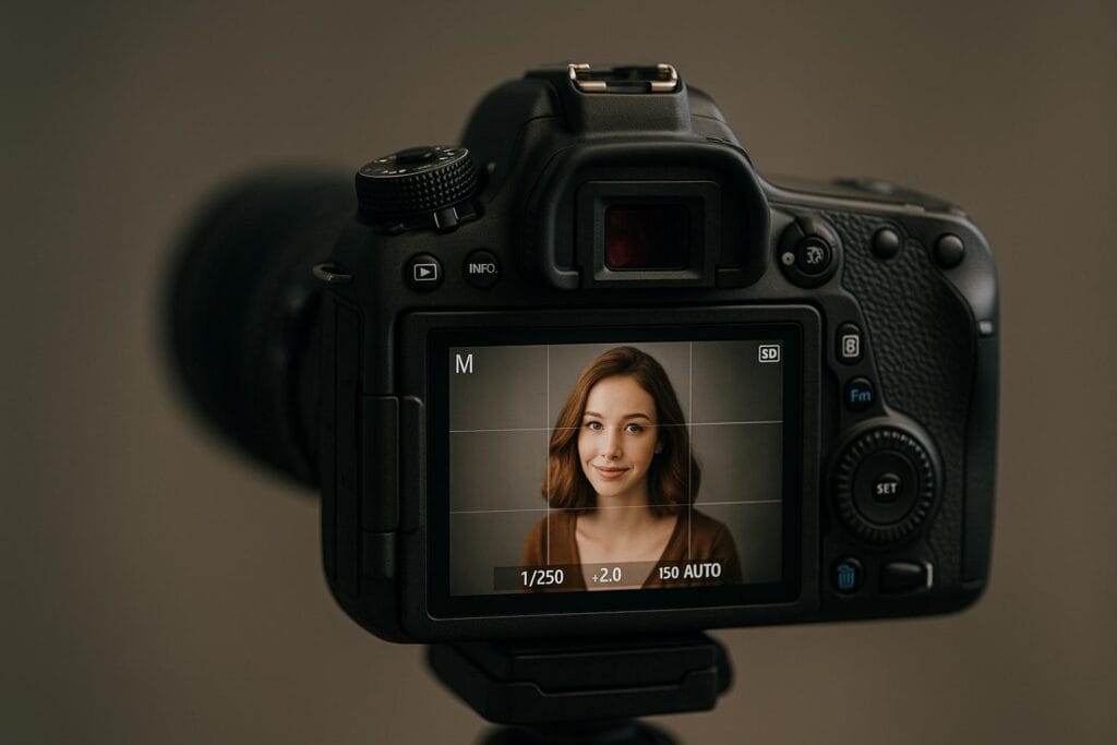 A DSLR camera viewed from a three-quarter angle with its lens reflecting ambient light, highlighting settings for portrait photography