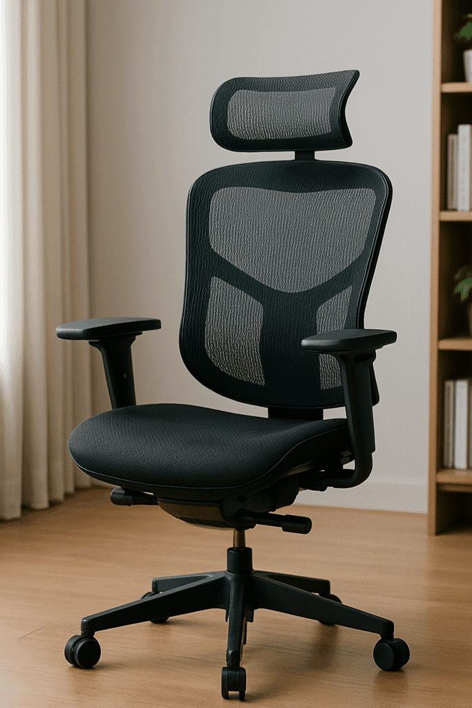 A black ergonomic office chair with adjustable lumbar support and mesh backrest positioned in front of a desk with neutral background lighting