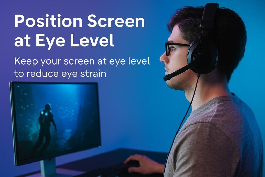 Young gamer with glasses and headset seated with straight posture, gaming on a monitor set at eye level, surrounded by blue-purple ambient lighting with text highlighting the importance of screen positioning.