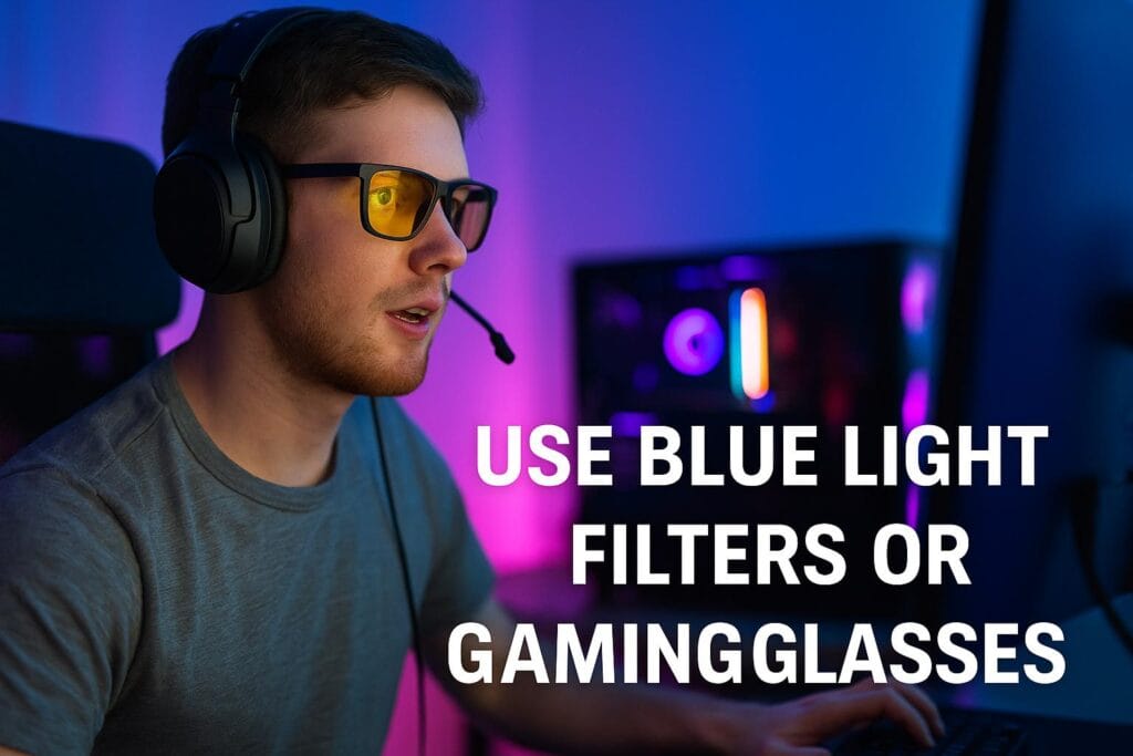 Young male gamer wearing yellow-tinted gaming glasses and black headphones, sitting at a gaming desk with colorful lighting and an overlay encouraging the use of blue light filters or gaming glasses
