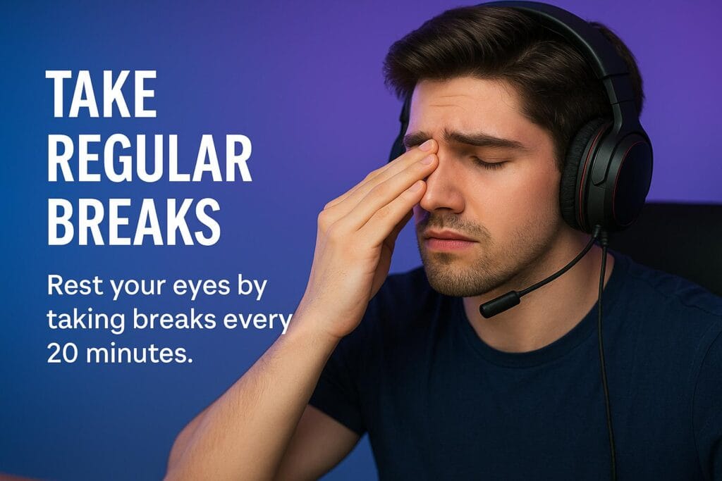 Gamer with headset resting his eyes and a reminder text overlay saying "Take Regular Breaks – Rest your eyes by taking breaks every 20 minutes" against a purple and blue gradient background