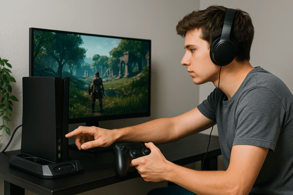 A young man wearing headphones powers on a PlayStation-style console while holding a controller, showing active console optimization during gameplay setup.