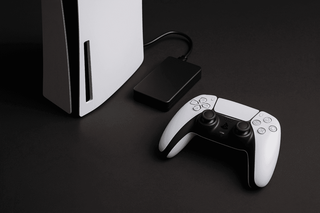 A digital photo showing a gaming console neatly arranged with an external storage device and a wireless controller on a dark surface, representing optimized console setup