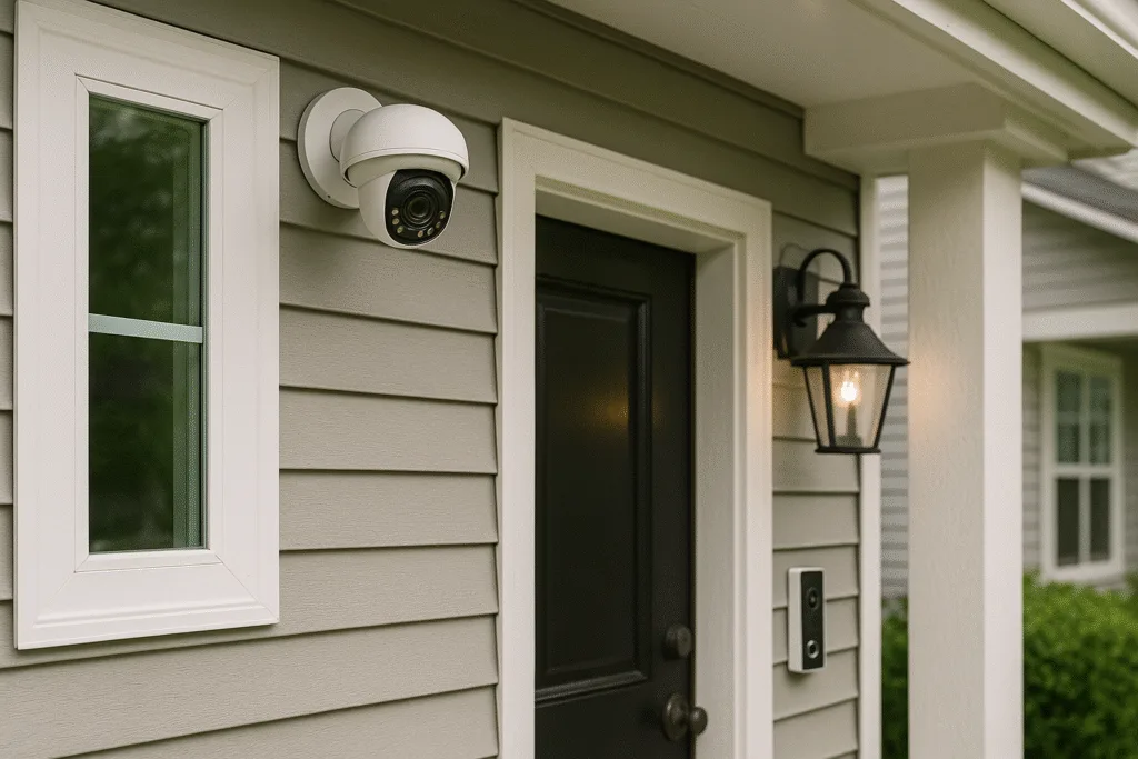 A close-up view of a front door with a mounted security camera, smart video doorbell, and porch light on gray sidingāessential entryway protection tools