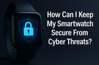 Smartwatch with a glowing blue padlock icon on its screen beside the title 'How Can I Keep My Smartwatch Secure From Cyber Threats?' emphasizing cybersecurity for wearable tech
