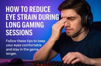 Focused gamer with headphones rubbing his eyes while seated at a desk with a keyboard, highlighted by a blue and purple gradient background and the title "How to Reduce Eye Strain During Long Gaming Sessions" in bold text.