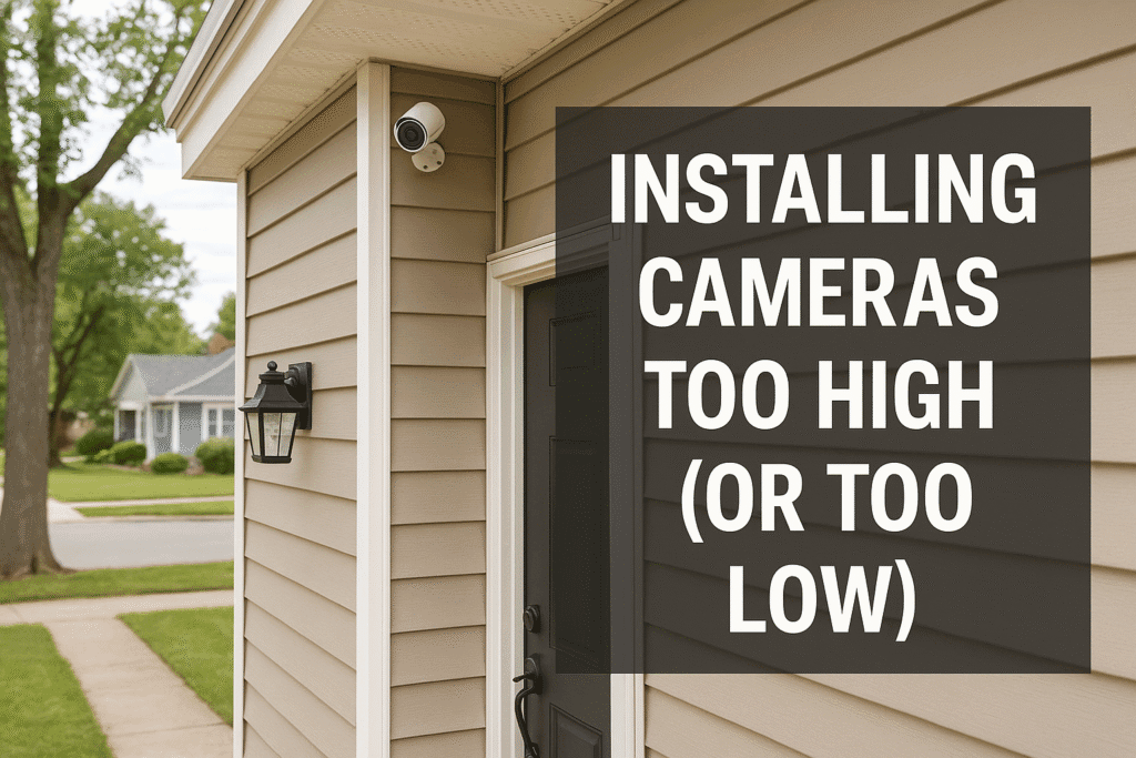 A side-view of a home with a mounted security camera and an overlaid graphic saying “Installing Cameras Too High (or Too Low)