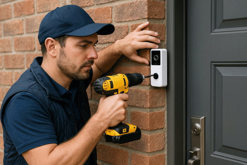 A male technician with a beard and cap installs a smart video doorbell on a red brick wall beside a dark front door using a yellow power drill.