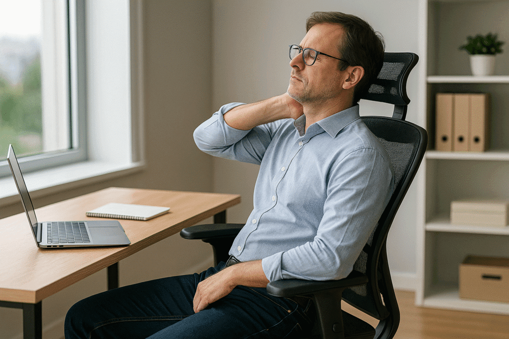 A middle-aged man sits upright in a black ergonomic mesh chair at a tidy desk, working on a laptop in a bright, minimalist home office