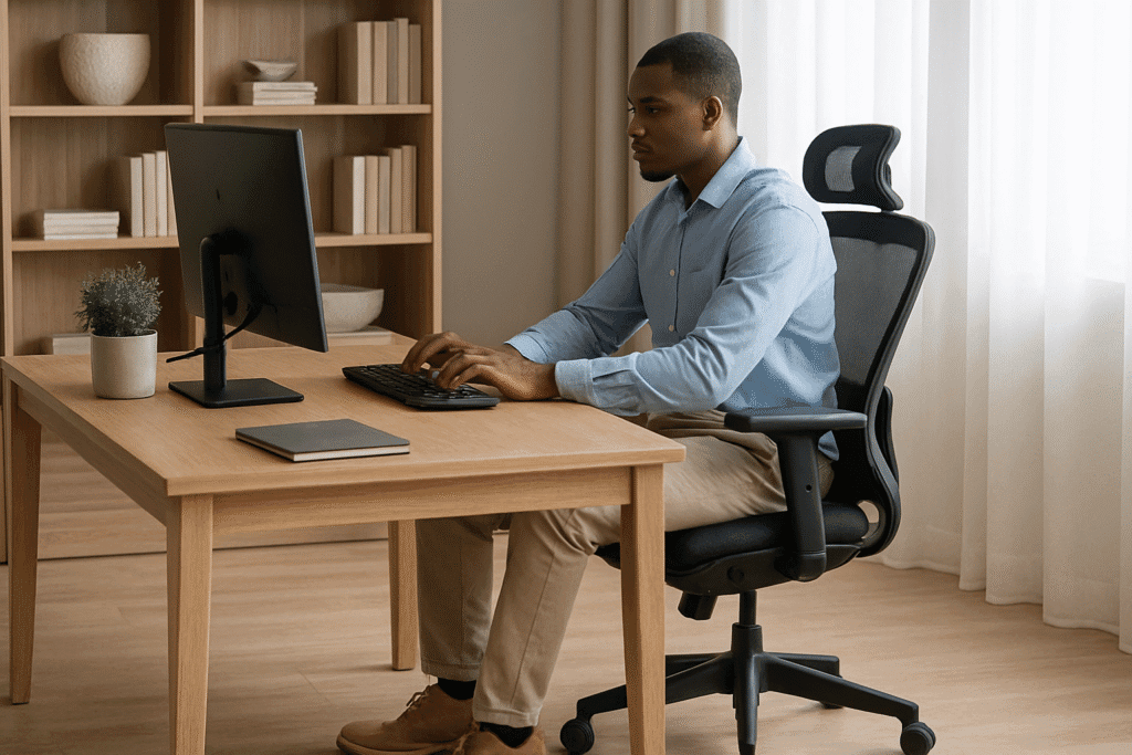 A young man sits upright in an ergonomic mesh chair at a wooden desk in a clean, bright home office, focused on a desktop monitor with books and plants in the background