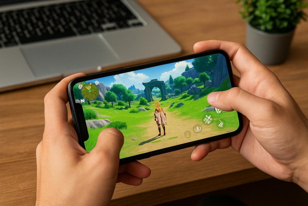 Player engaging with a 3D mobile RPG on a smartphone, navigating a grassy landscape with stone ruins, seated at a desk with a blurred laptop and plant in the background.