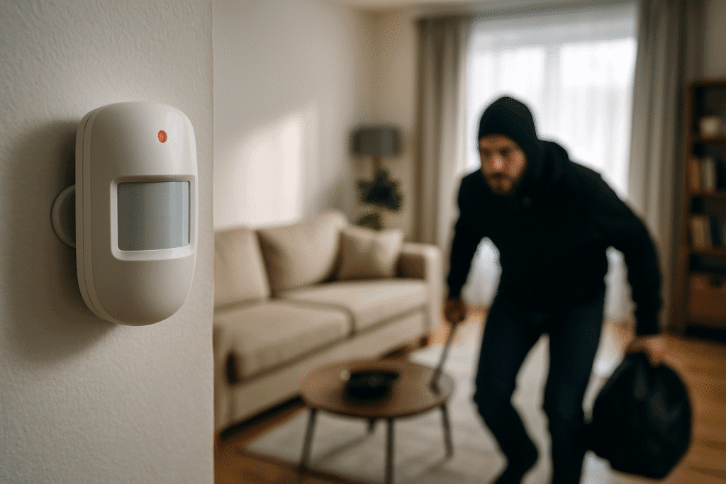 A motion sensor mounted inside a modern living room detects a hooded intruder carrying a crowbar and duffel bag, blurred in the background near a beige sofa.