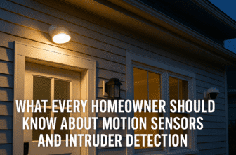 A twilight view of a suburban home with illuminated motion-activated lights, a security camera, and a video doorbell, accompanied by the text “What Every Homeowner Should Know About Motion Sensors and Intruder Detection.”
