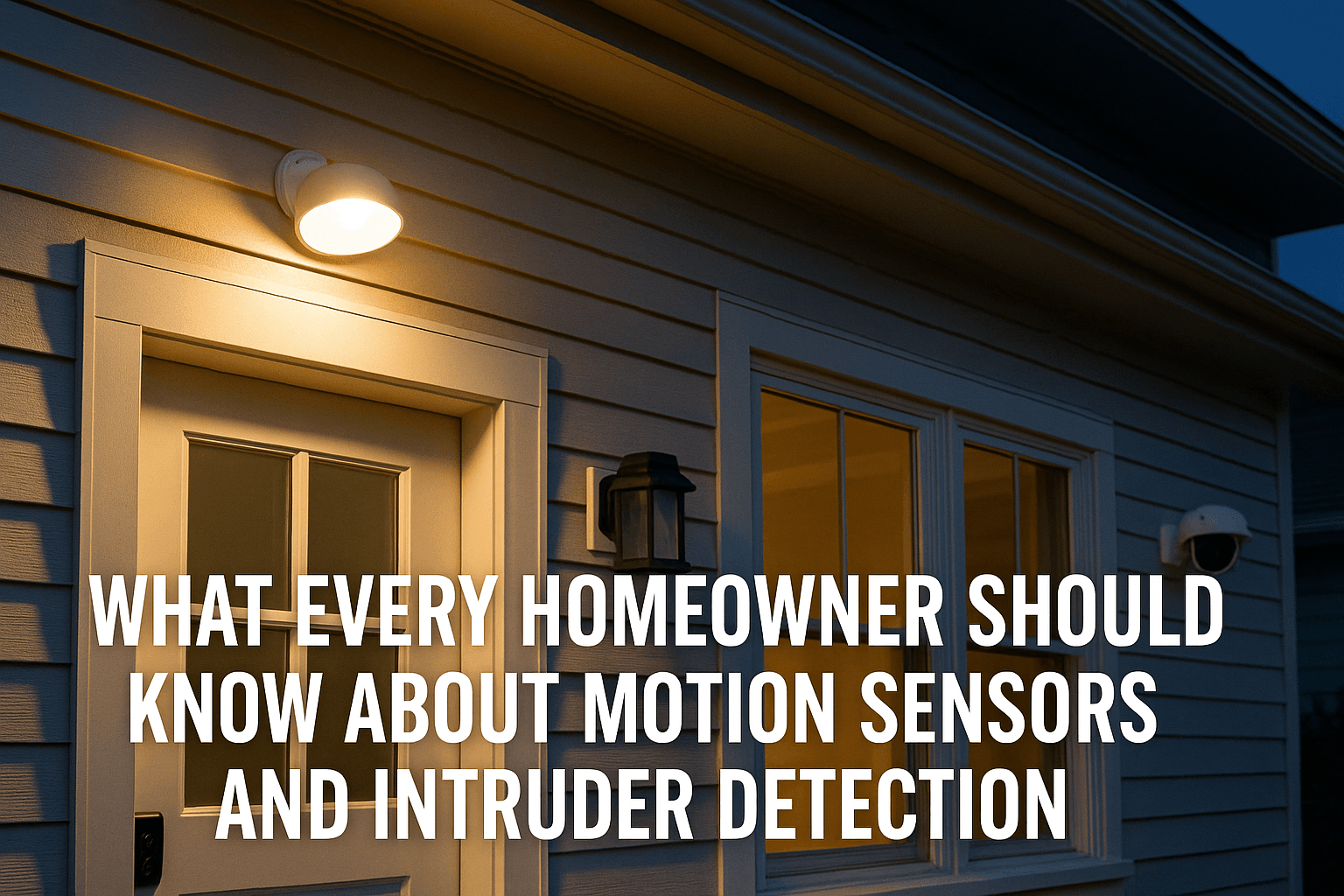 A twilight view of a suburban home with illuminated motion-activated lights, a security camera, and a video doorbell, accompanied by the text “What Every Homeowner Should Know About Motion Sensors and Intruder Detection.”