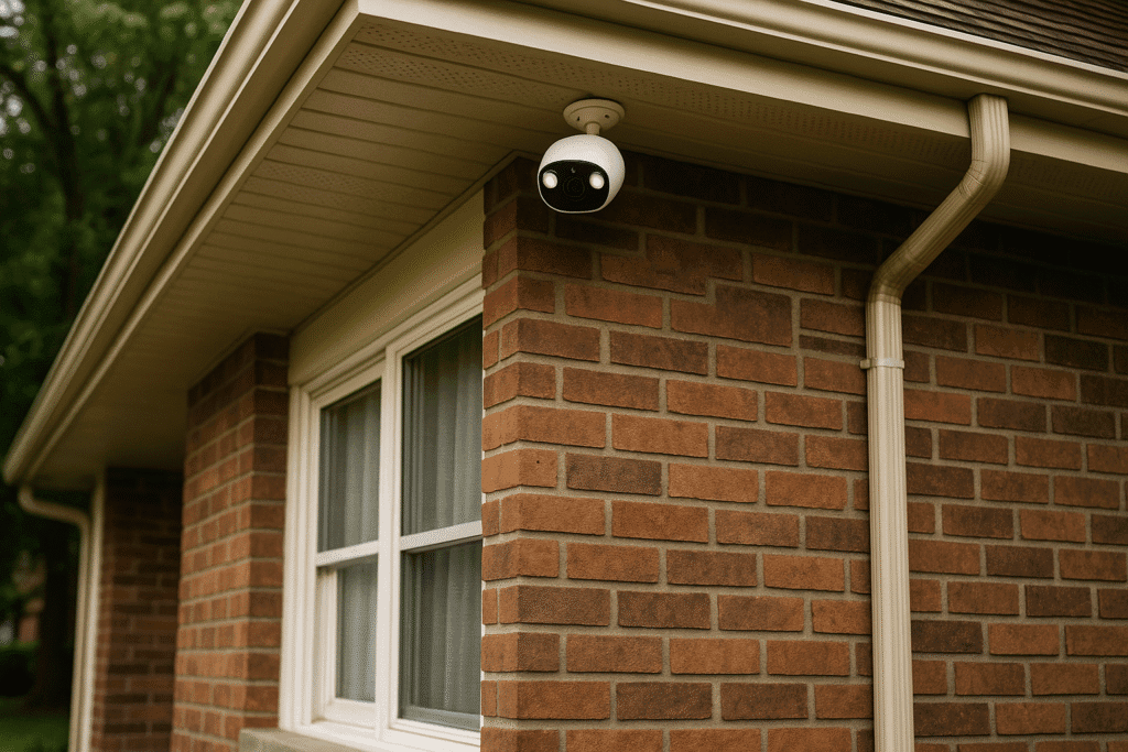 A white smart security camera mounted above a window on the red brick exterior of a suburban home, emphasizing outdoor monitoring coverage.