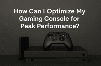 A featured image showing a sleek gaming console setup with the text "How Can I Optimize My Gaming Console for Peak Performance?" displayed in bold white letters above a console, external drive, and controller.