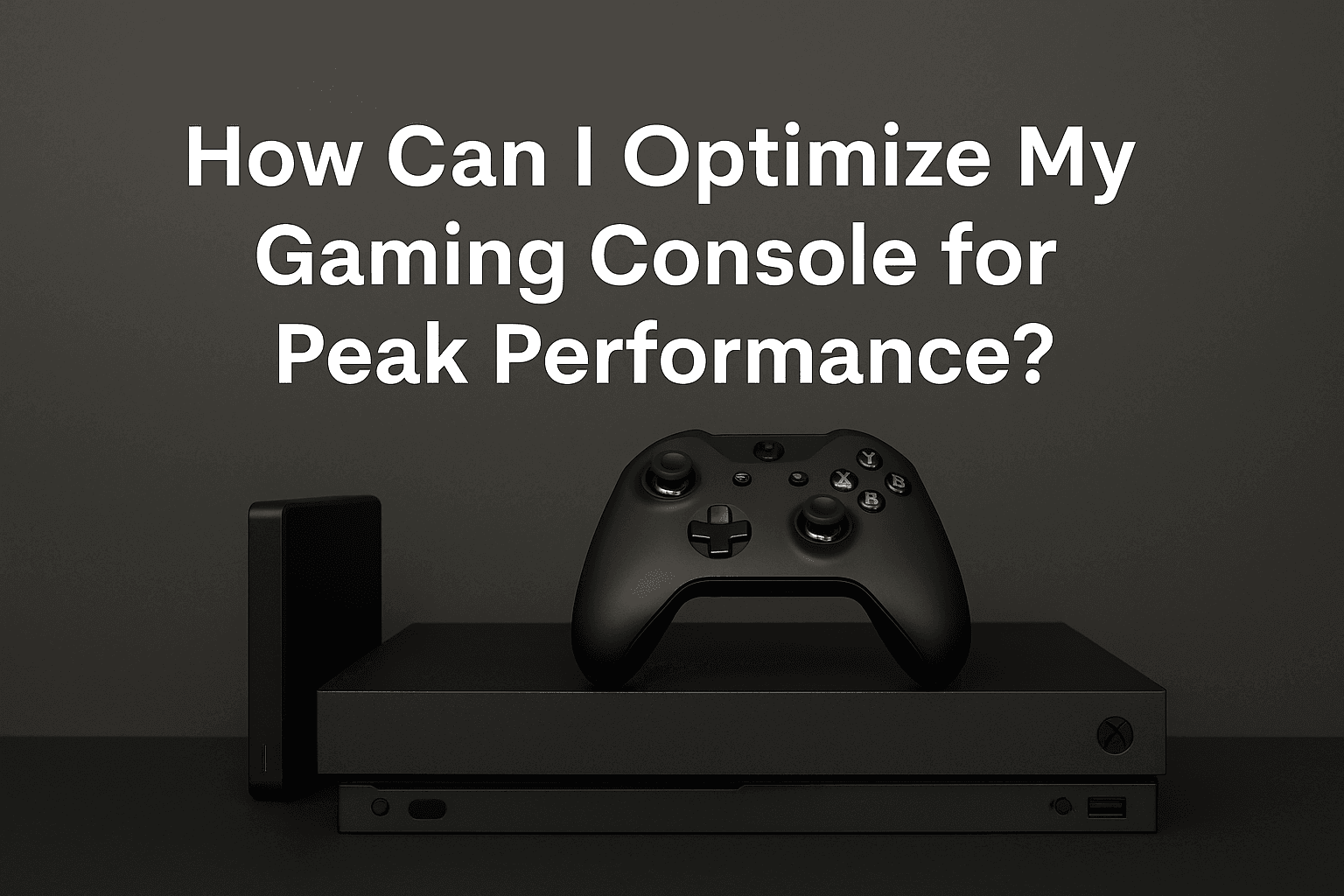 A featured image showing a sleek gaming console setup with the text "How Can I Optimize My Gaming Console for Peak Performance?" displayed in bold white letters above a console, external drive, and controller.