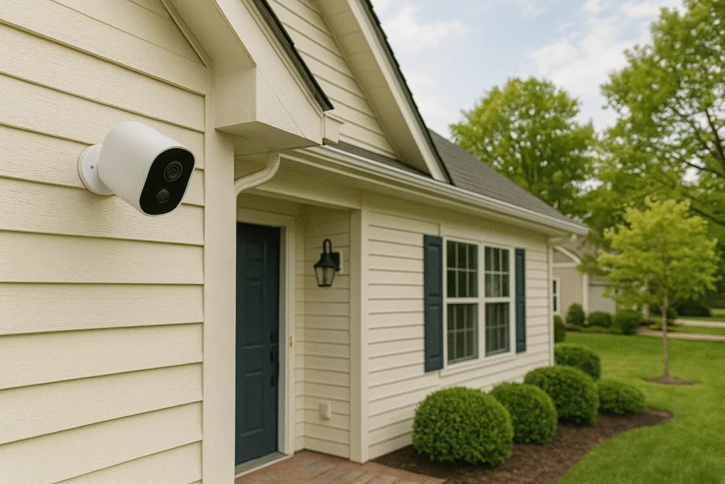 A white security camera on the exterior of a cream-colored house with a landscaped yard and blue door, framed by trees in daylight.
