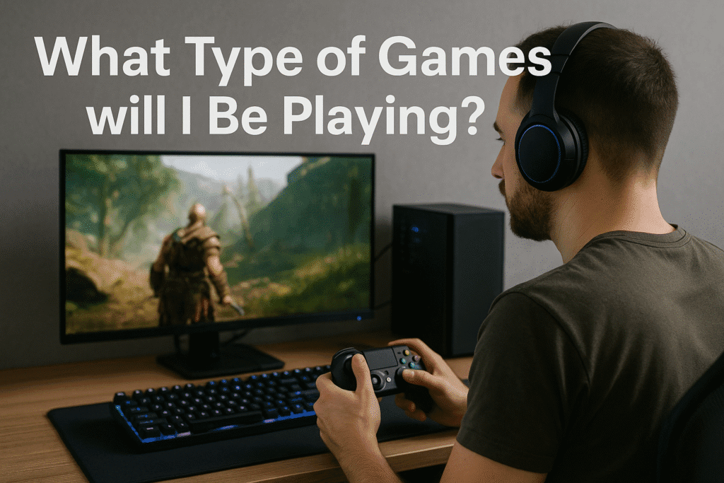 A young man wearing headphones sits at a desk playing a fantasy game on a PC using a controller, with the screen showing a character in a lush, open-world environment.