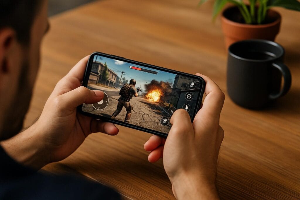 A person holding a smartphone and playing an action-packed shooter game with an explosion in a cityscape, while seated at a wooden table with a black coffee mug and small potted plant.