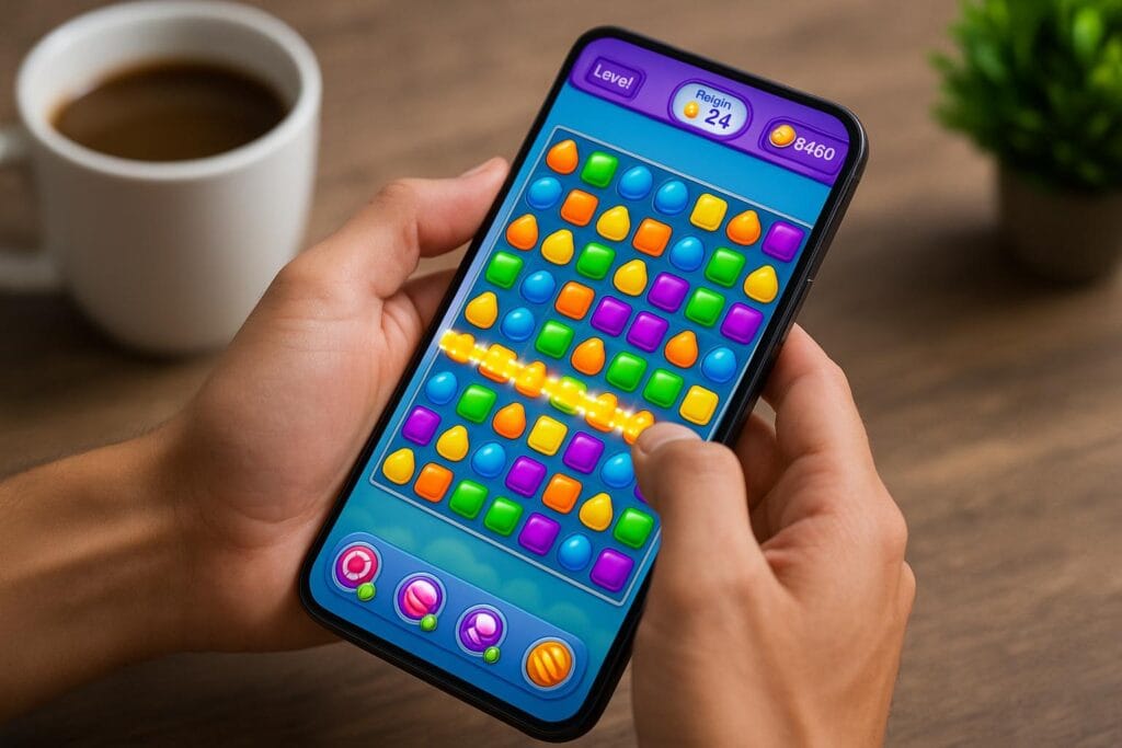 Person playing a vibrant puzzle game on a smartphone during a coffee break, with a cup and potted plant in the background, highlighting casual mobile gaming.