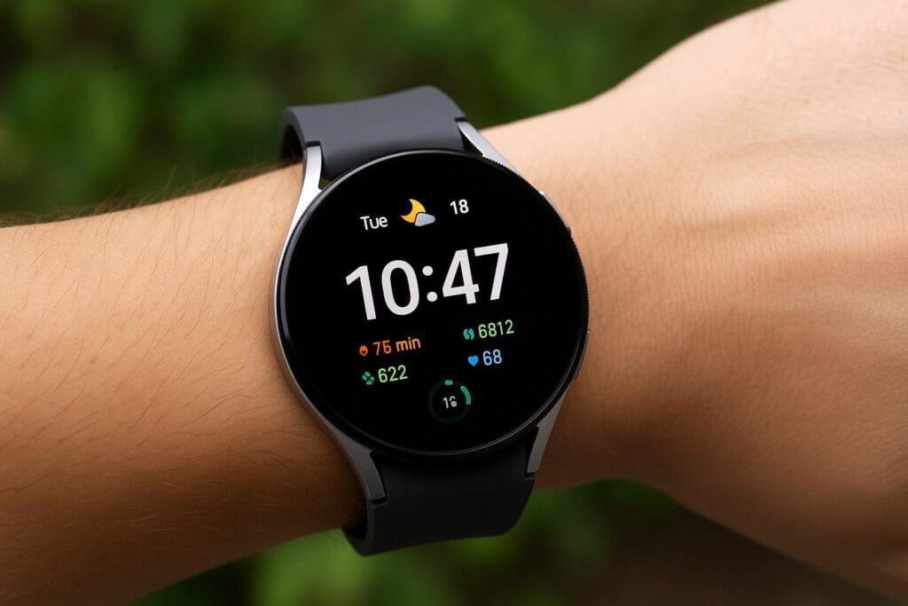Samsung Galaxy Watch 4 on a wrist in an outdoor setting, showing time, health stats, and weather data on its round display with a natural green background