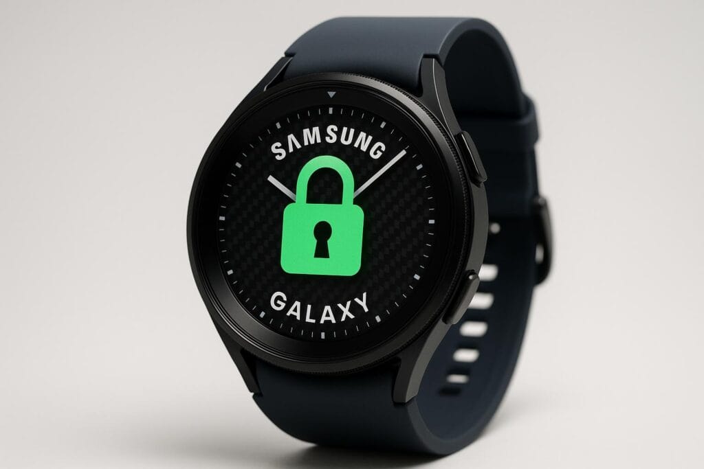 Samsung Galaxy Watch with a black bezel and navy silicone strap displaying a bright green padlock icon, symbolizing smartwatch security and data protection