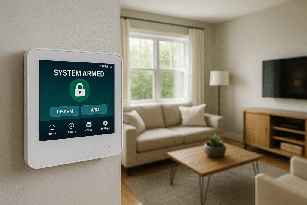 A smart security system display panel showing "System Armed" in a bright modern living room with a couch and large window.