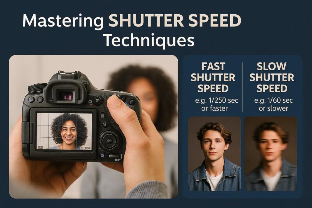 An educational graphic showing a DSLR camera capturing a smiling woman, contrasted with two side-by-side portraits demonstrating fast versus slow shutter speed effects in portrait photography