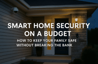 A modern home exterior with smart security features, including a video doorbell, motion-activated light, and dome camera, all highlighted under warm evening lighting with the title “Smart Home Security on a Budget” displayed.