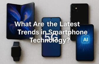 A top-down view of foldable, AI-powered, and 5G smartphones with a smartwatch, arranged neatly with the title "What Are the Latest Trends in Smartphone Technology?" overlaid in bold white text