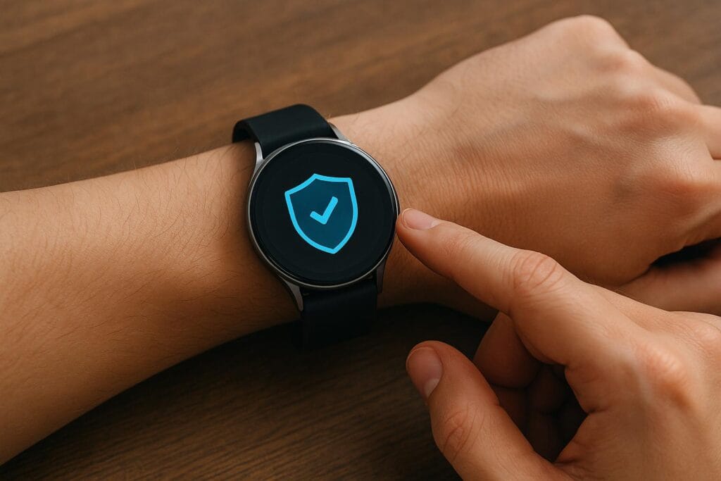 Close-up of a person interacting with a black smartwatch on their wrist, displaying a blue shield icon, representing device security, with a wooden surface background.