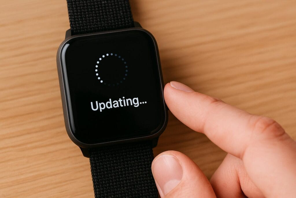 Close-up of a black square-faced smartwatch on a wooden table showing an 'Updating...' message, highlighting the importance of regular software updates for security