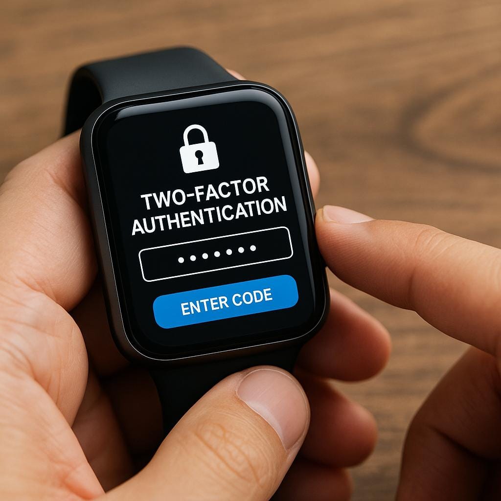 A smartwatch screen displaying a two-factor authentication prompt with a password field and 'Enter Code' button, held in a person's hand with a wooden background.