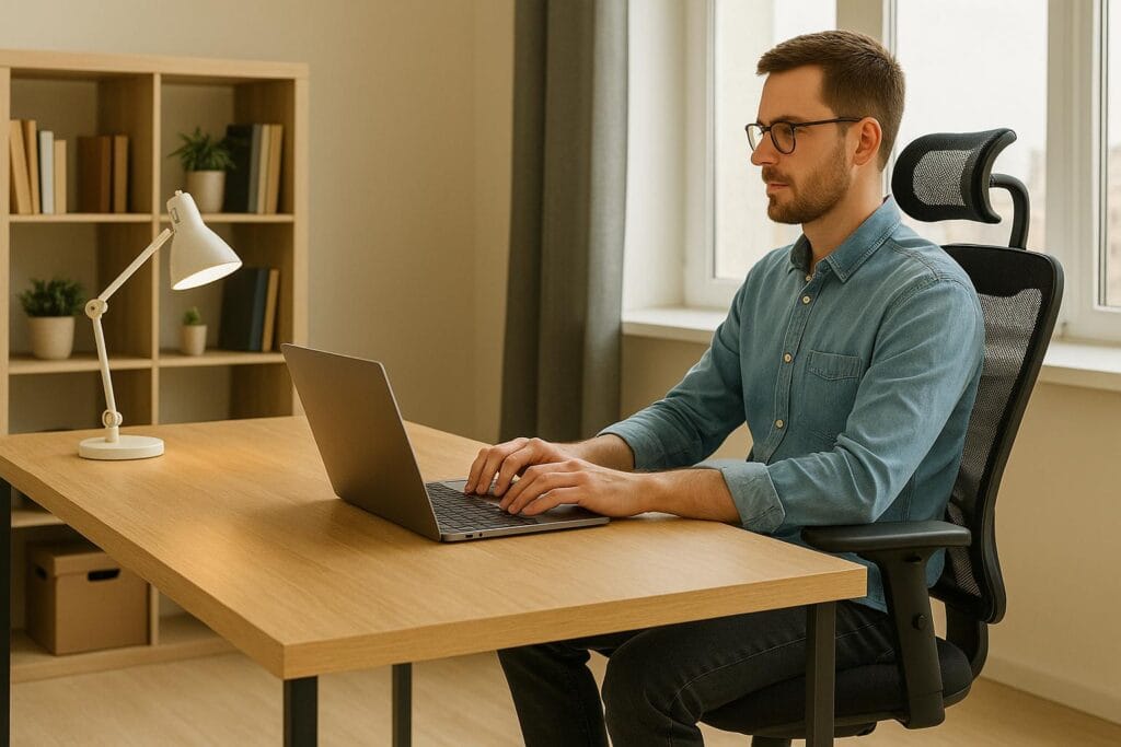 A tall man with glasses working on a laptop while seated in an ergonomic chair, showing comfortable upright posture in a bright home office.