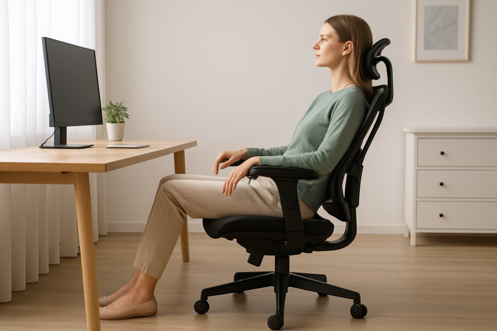 A tall woman sits relaxed in an ergonomic chair with feet flat on the floor and knees at 90 degrees, demonstrating proper chair fit and support.