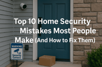 A digital banner image for a home security article showing a suburban home with exterior lighting and a security camera