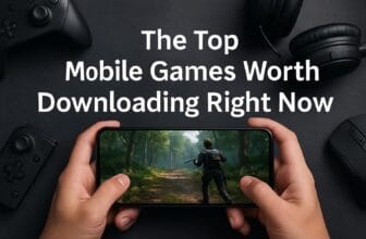 Hands holding a smartphone playing an action game surrounded by a controller, headphones, and mouse, with the title "The Top Mobile Games Worth Downloading Right Now" in bold white text.
