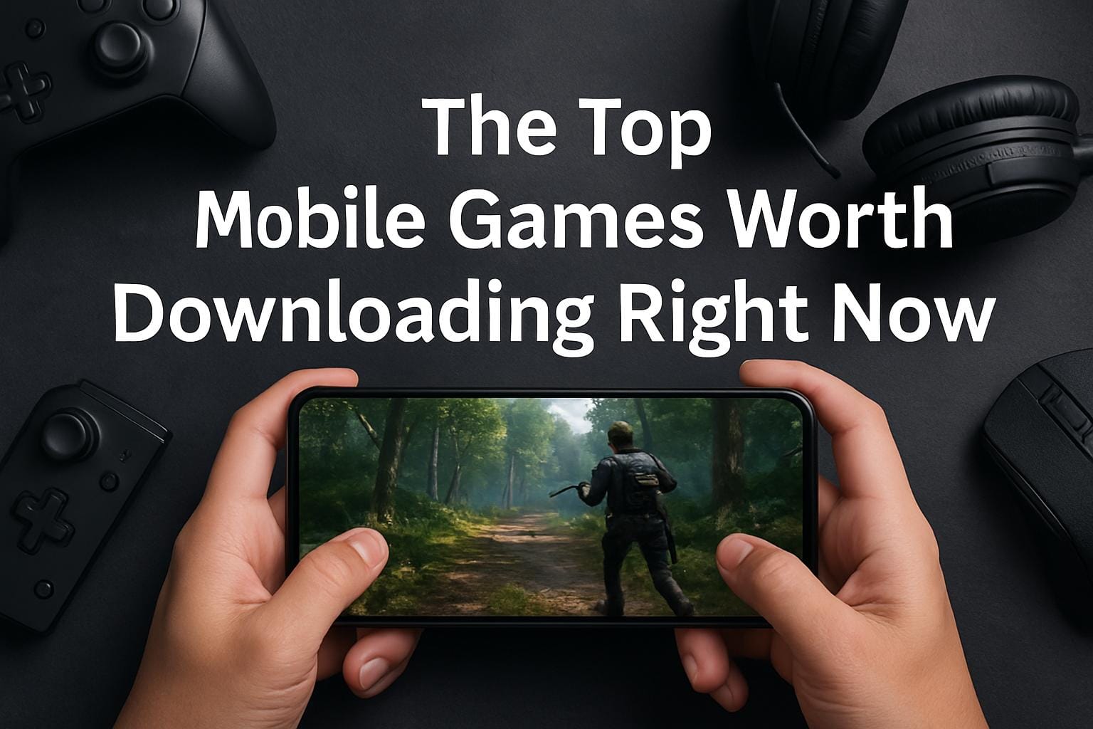 Hands holding a smartphone playing an action game surrounded by a controller, headphones, and mouse, with the title "The Top Mobile Games Worth Downloading Right Now" in bold white text.