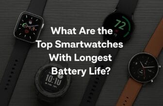 Four smartwatches displayed on a dark surface, including Apple Watch, Samsung Galaxy Watch, Garmin, and Amazfit, with the title "What Are the Top Smartwatches With Longest Battery Life?" overlaid in bold white text.