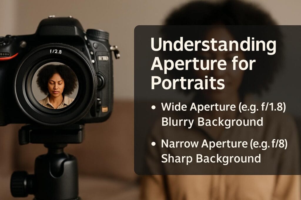 A DSLR camera focused on a subject with curly hair, showing the aperture set at f/2.8, alongside a helpful infographic explaining wide vs. narrow aperture for portrait photography.