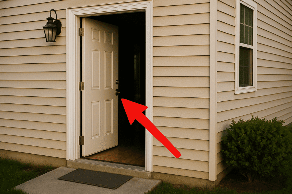 A wide open front door with a red arrow pointing into the dark interior of a beige suburban house.