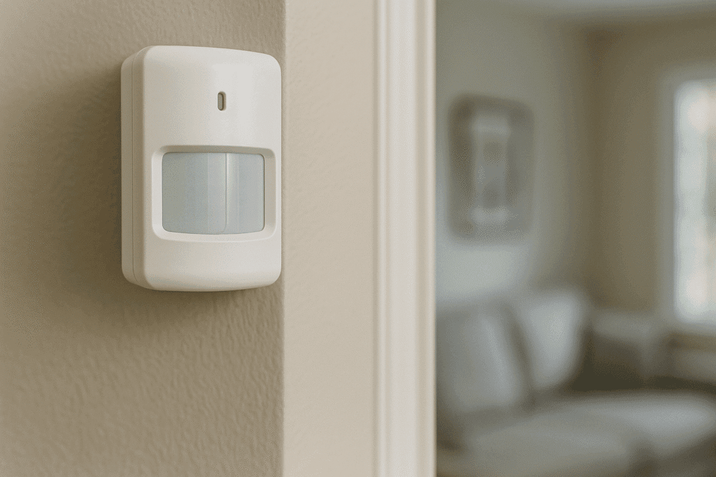A close-up of a white motion sensor mounted on an off-white interior wall, facing a softly lit modern living room with neutral-toned furniture.