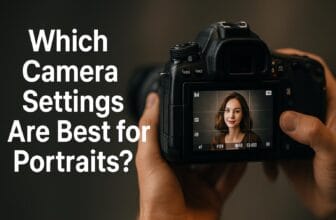 A photographer holds a DSLR camera showing a portrait of a woman on the screen, with the text "Which Camera Settings Are Best for Portraits?" displayed in bold white font on the left side.