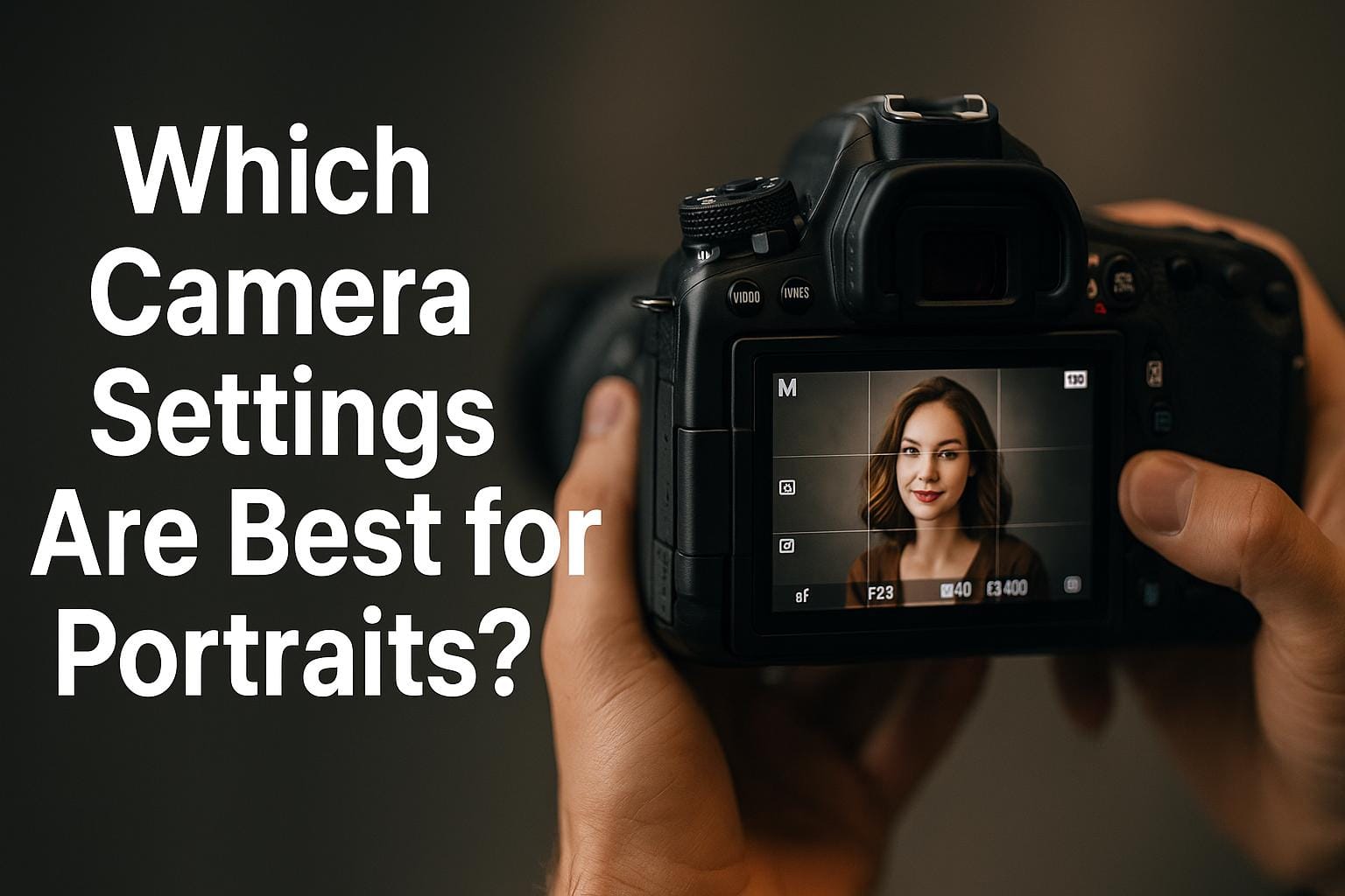A photographer holds a DSLR camera showing a portrait of a woman on the screen, with the text "Which Camera Settings Are Best for Portraits?" displayed in bold white font on the left side.