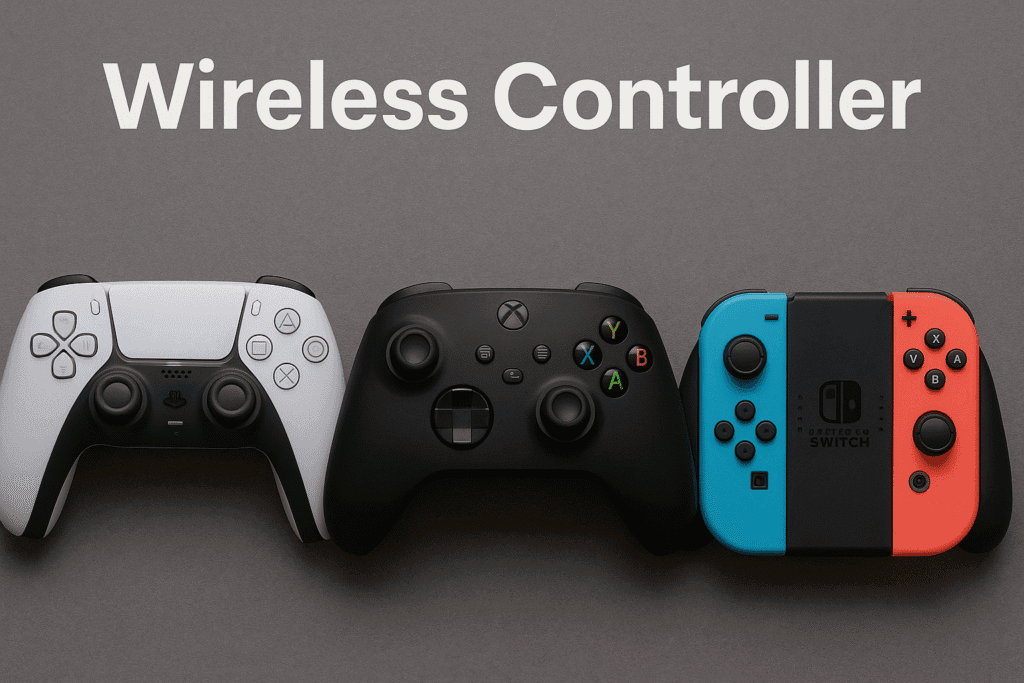 A photo of four wireless gaming controllers including PS5 DualSense, Xbox Series X|S, Nintendo Switch Joy-Cons, and Switch Pro laid out under the bold title "Wireless Controller"